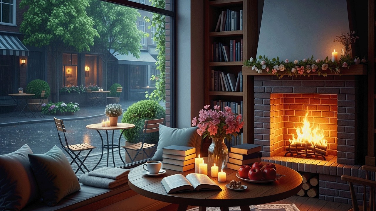 Relaxing Rainy Cafe Scene 🌧️ Calm Piano Music and Fireplace Sounds