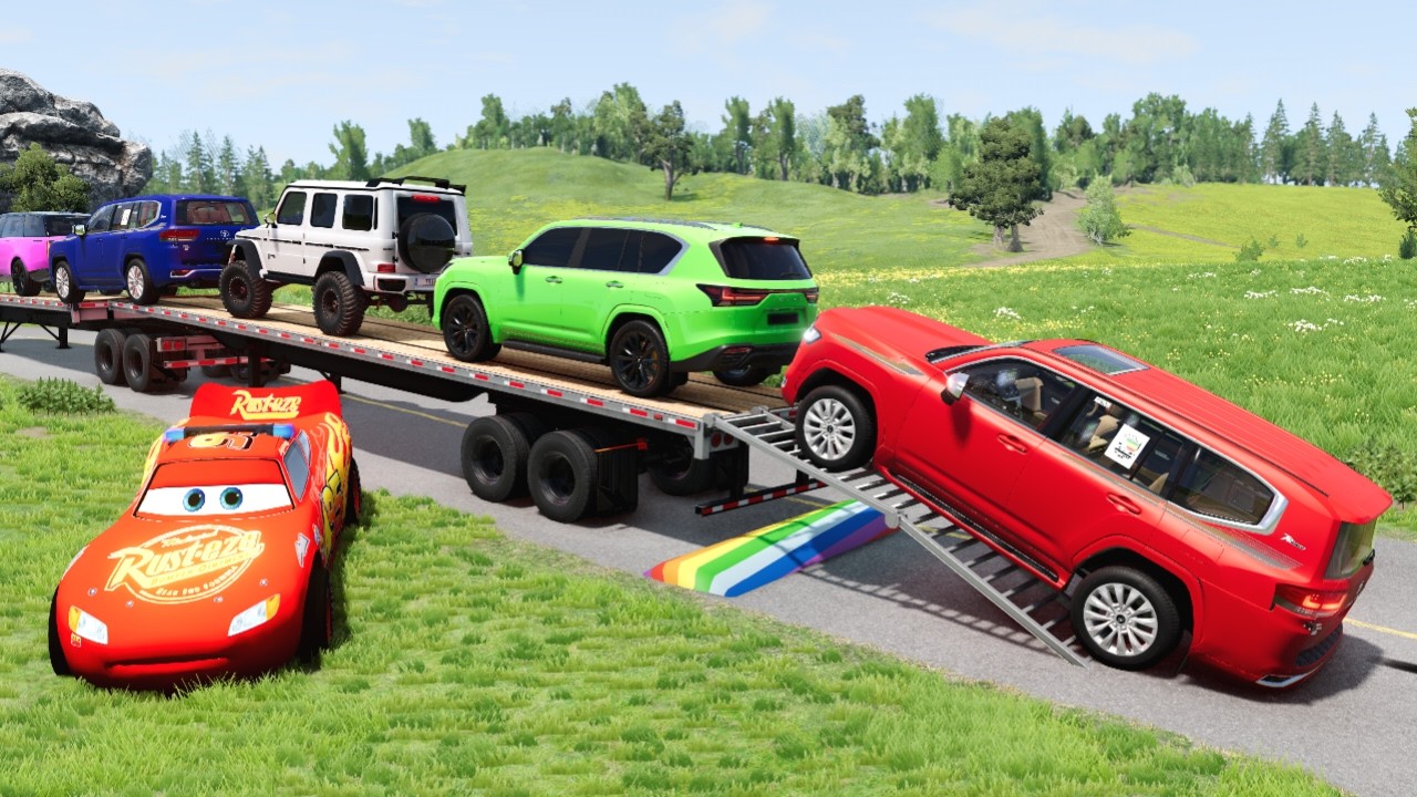 Flatbed Truck McQueen | Transportation with Truck - Pothole vs Car #19 | BeamNG.Drive Gameplay