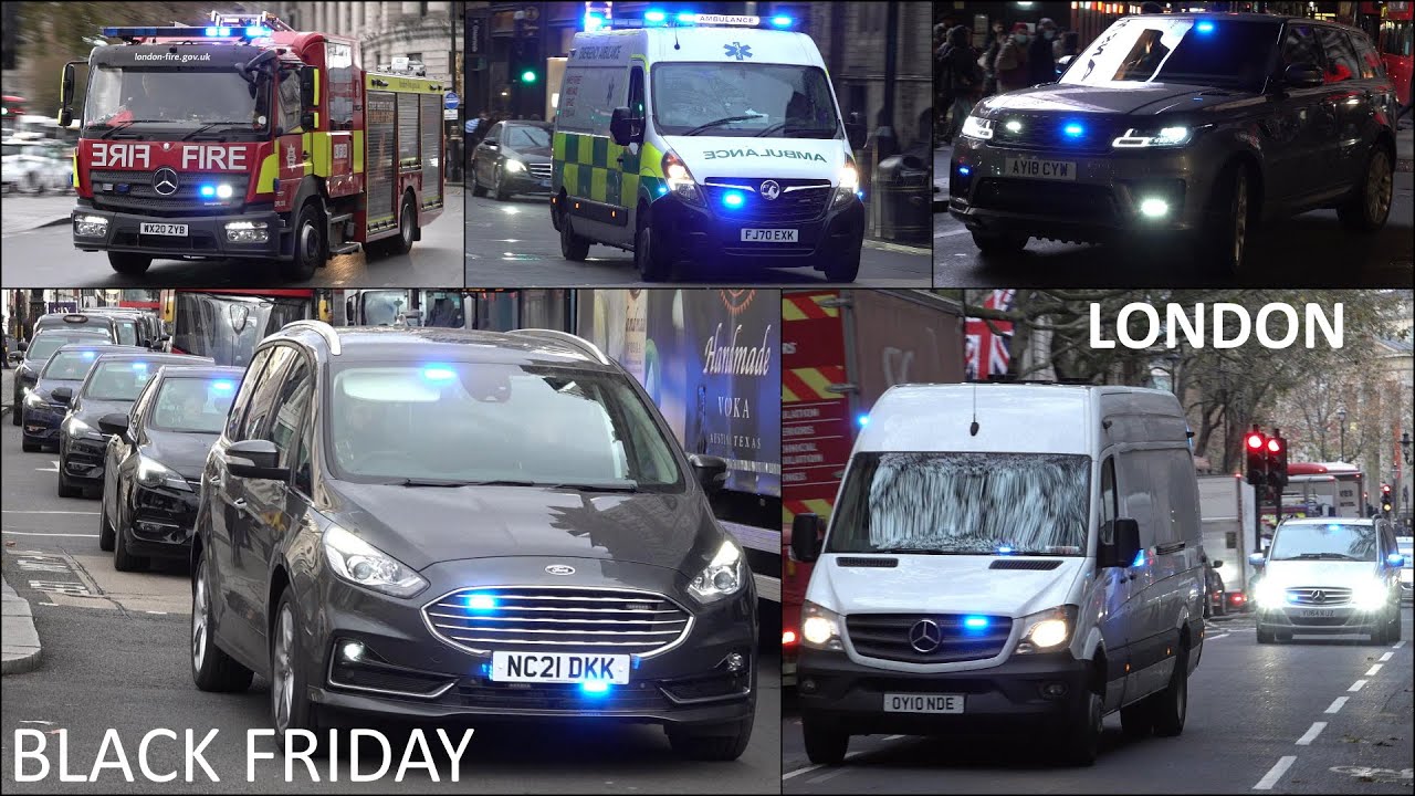 BLACK FRIDAY: Police Cars, Fire Trucks and Ambulances responding with siren and lights