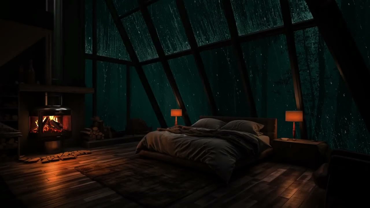 Rain moving softly through the woods while a quiet cabin rests in the darkness