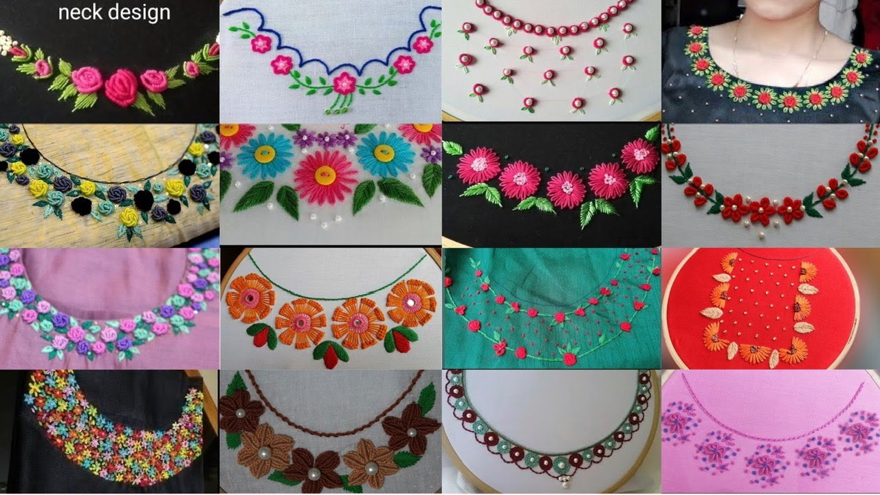Hand embroidery boat neck designs for dresses and blouse /neckline embroidery for kurti/kameez/shirt