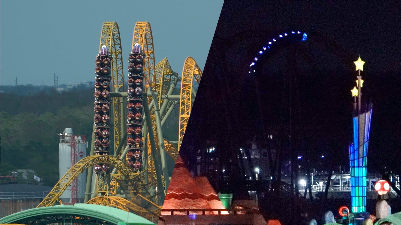 Stardust Racers coaster day and night, as seen from Terra Luna resort
