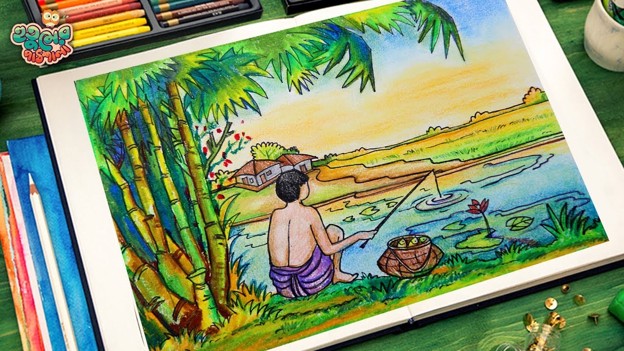 Fishing Scenery Drawing | Village scenery drawing