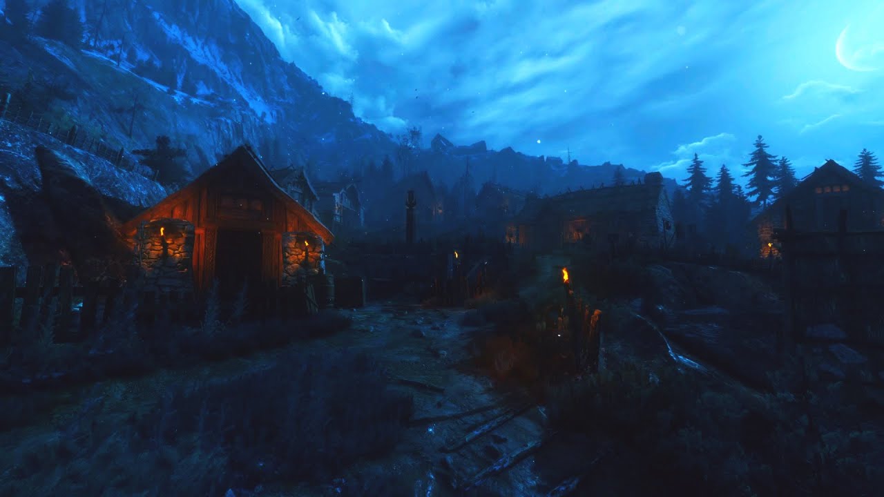 Mountain Village at Night - Light Snow & Wind | Fantasy Ambience | 2 Hours