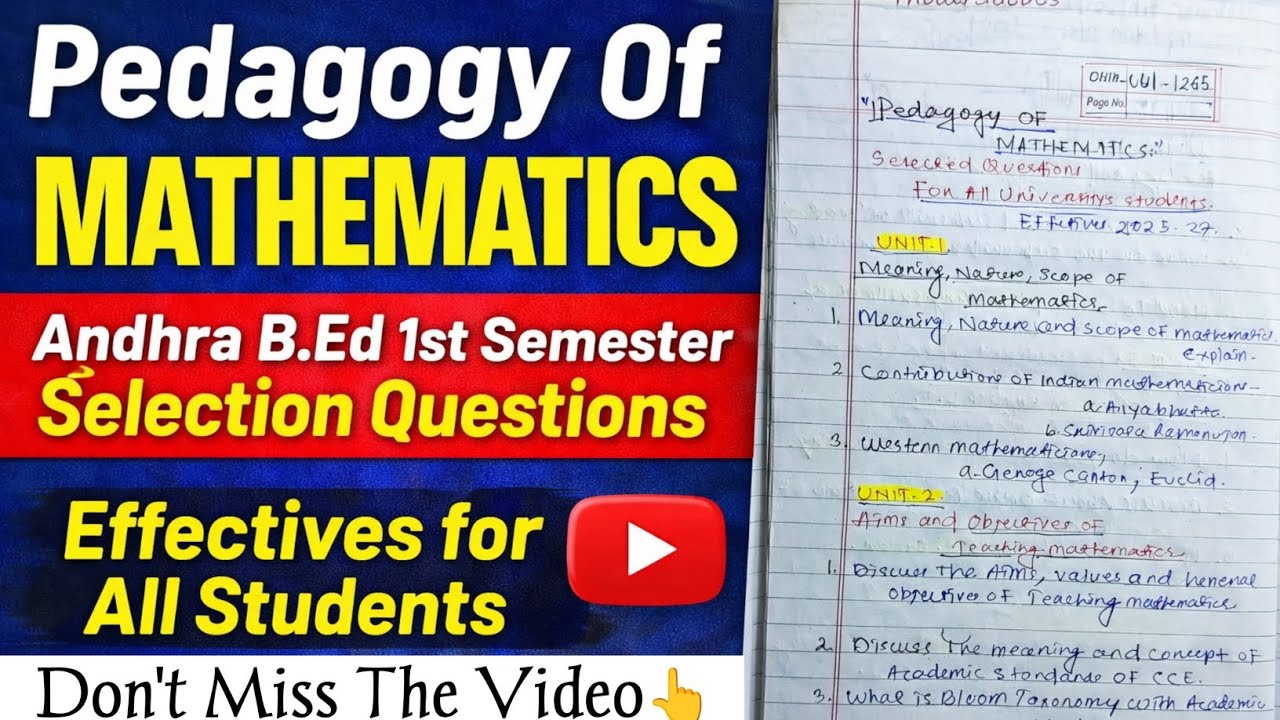 PEDAGOGY OF MATHEMATICS SELECTED QUESTIONS | Andhra B.Ed 1st Semester Selected Question🧾| PCM 
