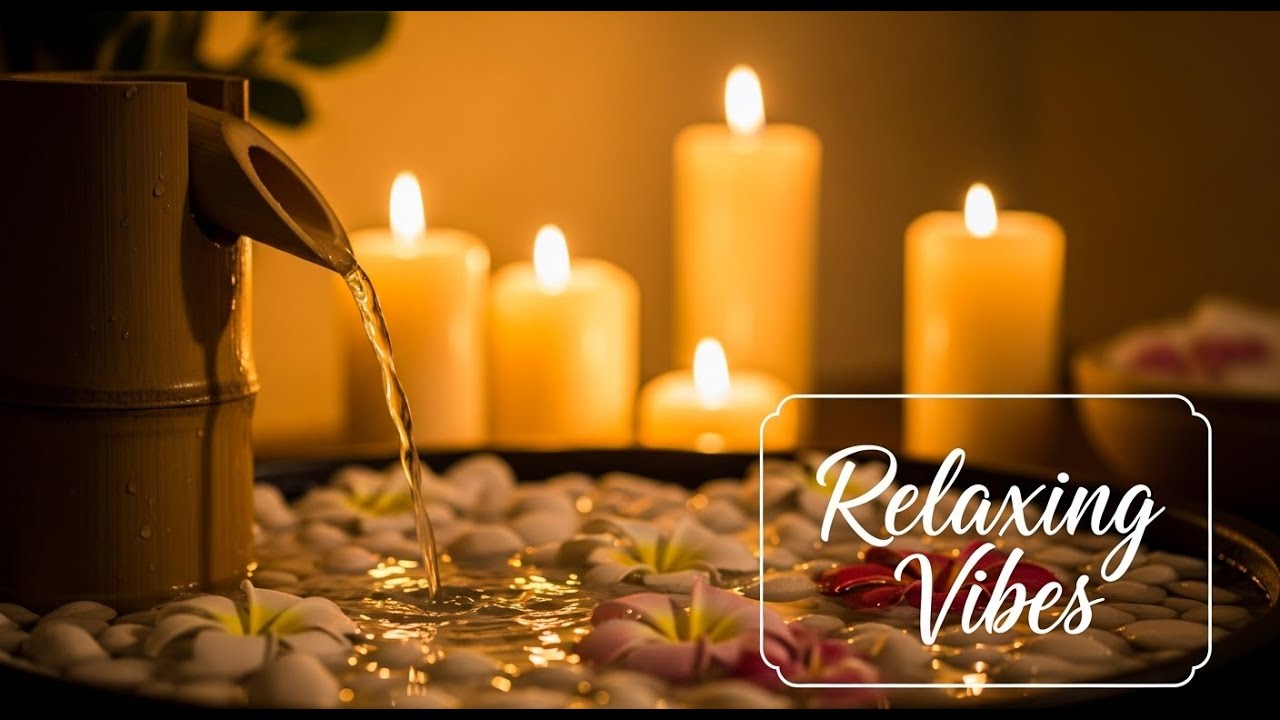 Healing Zen Flowing Water Bamboo Fountain and Candle Glow for Meditation Deep Sleep and Serenity