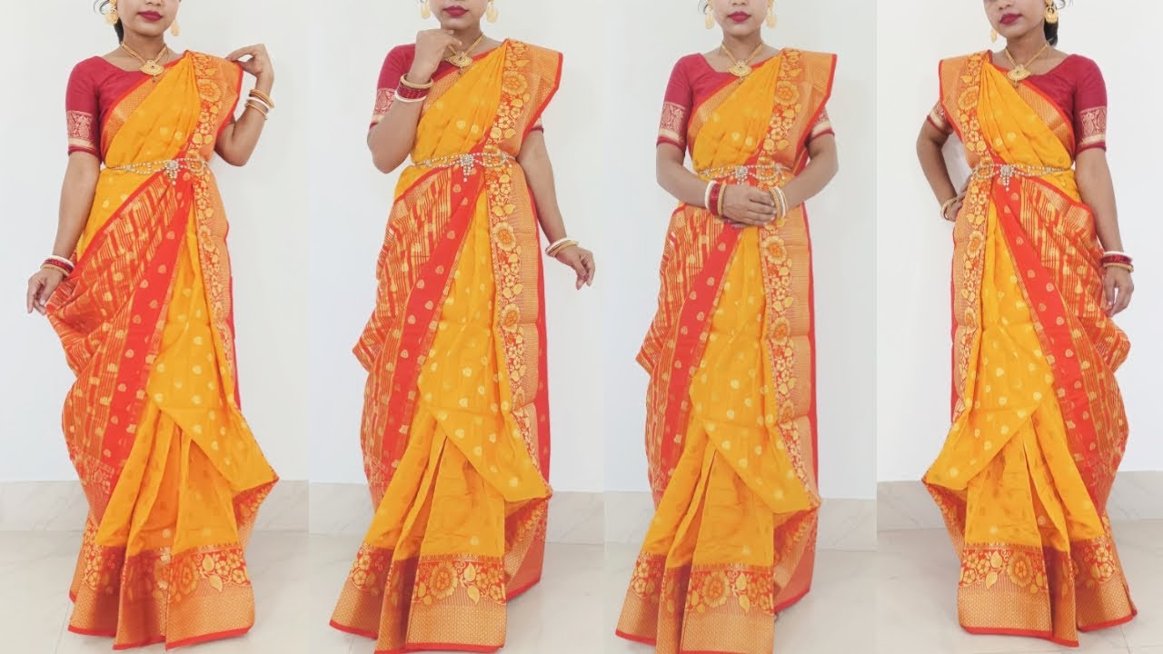 atpoure saree porar style | banarasi silk saree for wedding | reception look for bride in saree