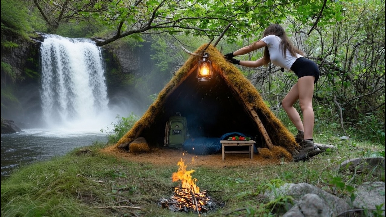 Wild Anne : Solo Overnight Camping | Waterfall Sounds & Outdoor Cooking