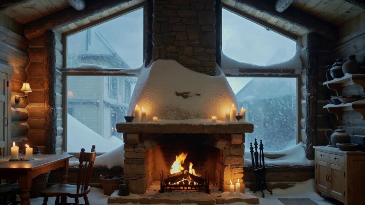 4 Hours Cozy Cabin Fireplace & Snow Storm Sounds 🔥❄️ Winter Night Ambience