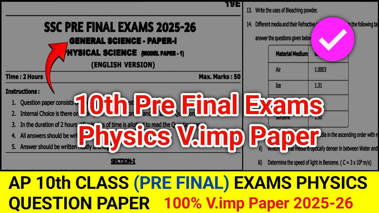 Ap 10th Class Pre Final Exams Physics 💯💯 V.imp Paper 2026 | 10th pre final physics paper