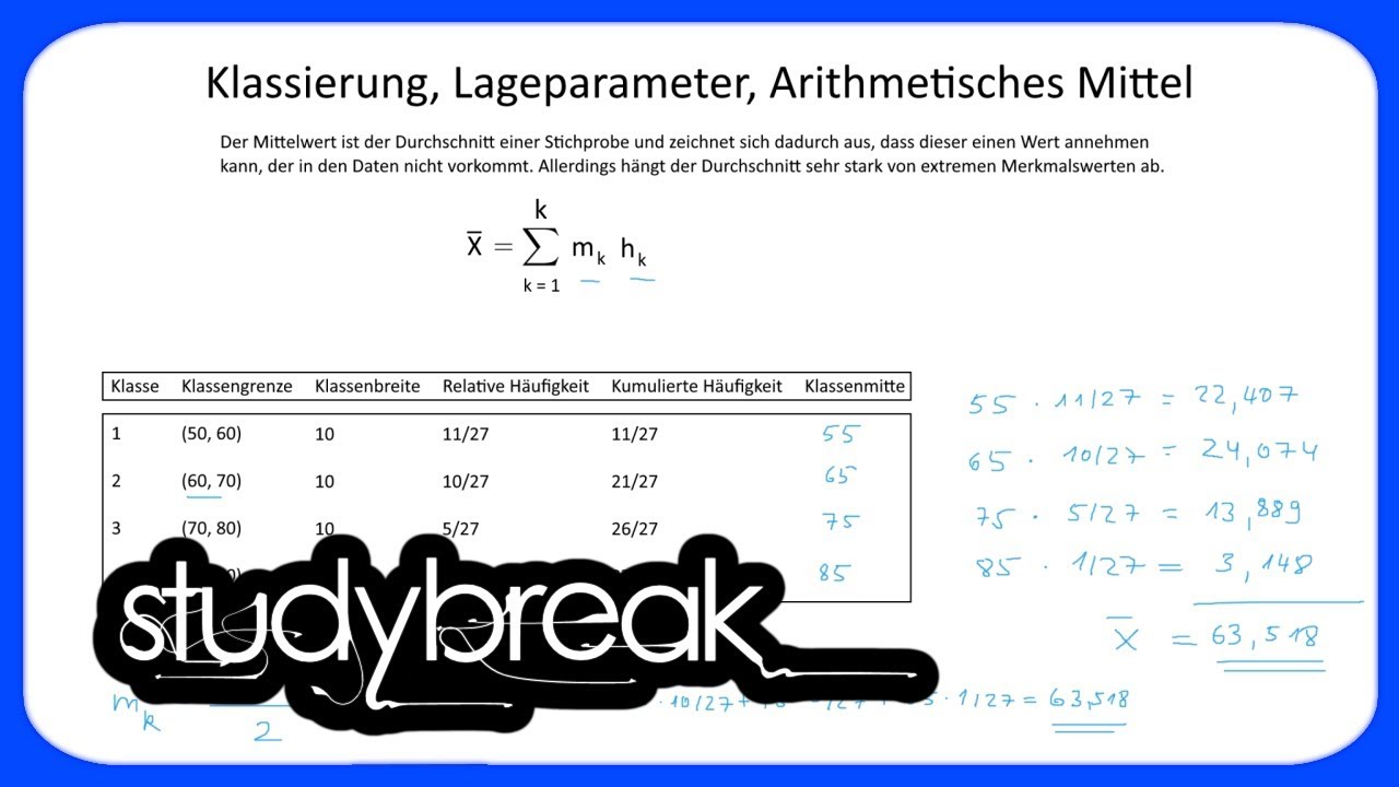 Klassierung, Lageparameter, Arithmetisches Mittel | Statistik