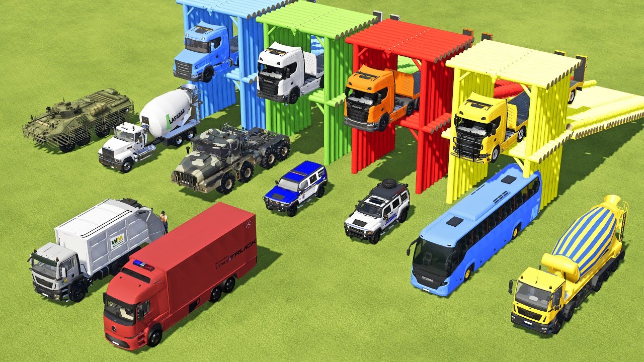 TRANSPORTING MERCEDES MINI BUS, VOLKSWAGEN POLICE, FORD POLICE, MERCEDES FIRE TRUCK TO GARAGE | FS22
