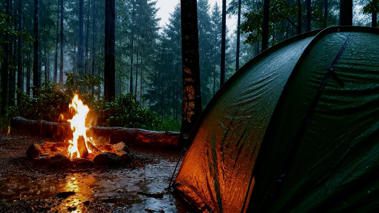 Rain on Tent & Campfire in Forest 🌧️🔥 Cozy Survival Sleep Ambience (No Talking)