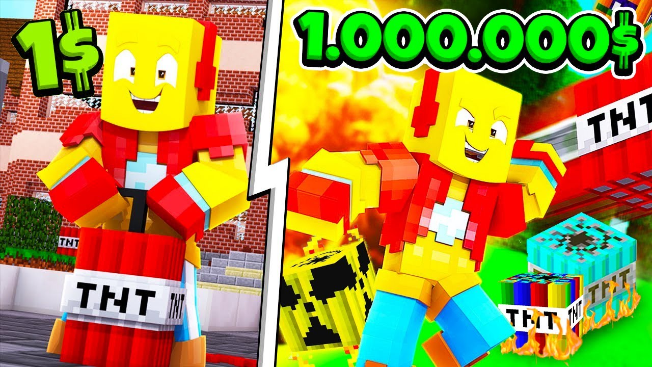TNT 1$ vs 100.000$ TNT GUN en MINECRAFT de POBRE a RICO