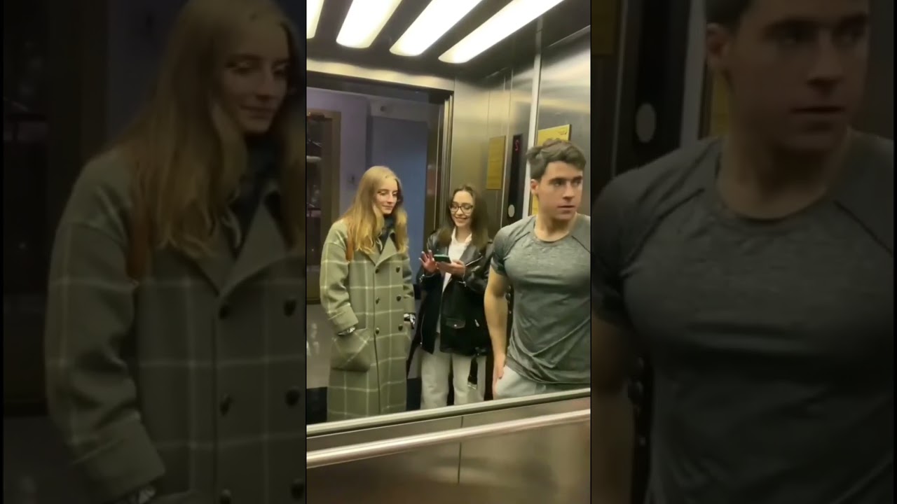 American bodybuilder big dik prank with girls in lift