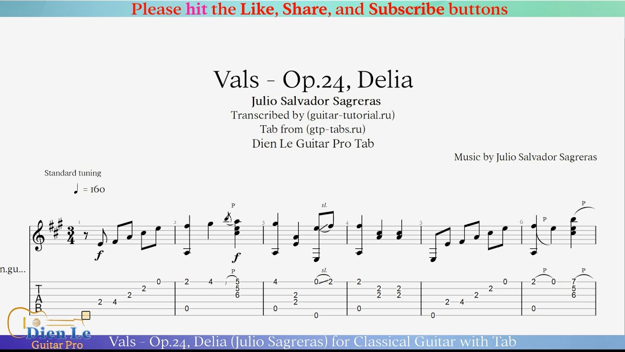 Vals - Op.24, Delia (Julio Sagreras) for Classical Guitar with Tab
