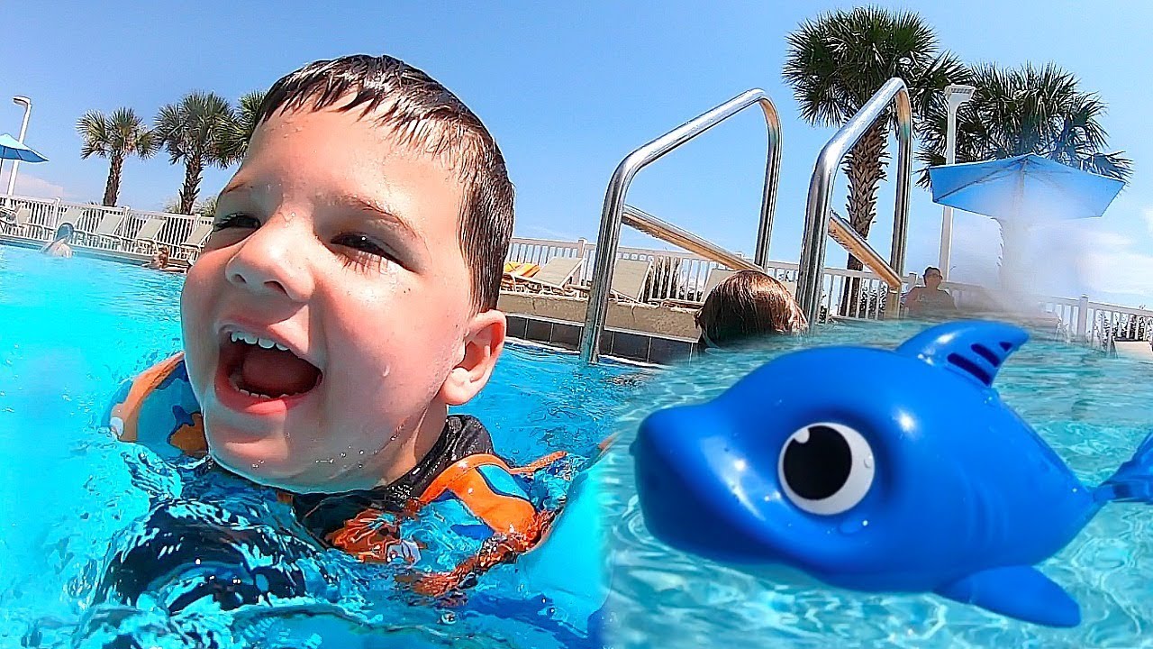 Kids Swimming With Baby Shark Toys in GIANT Swimming Pool! Caleb Pretend Play
