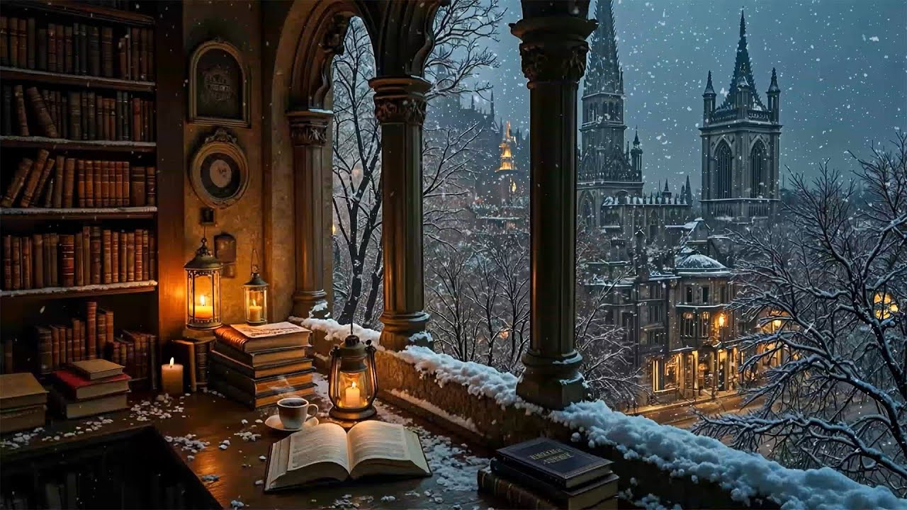 Gothic Winter Library Ambience | Candlelight & Snow | Dark Academia Study Vibes