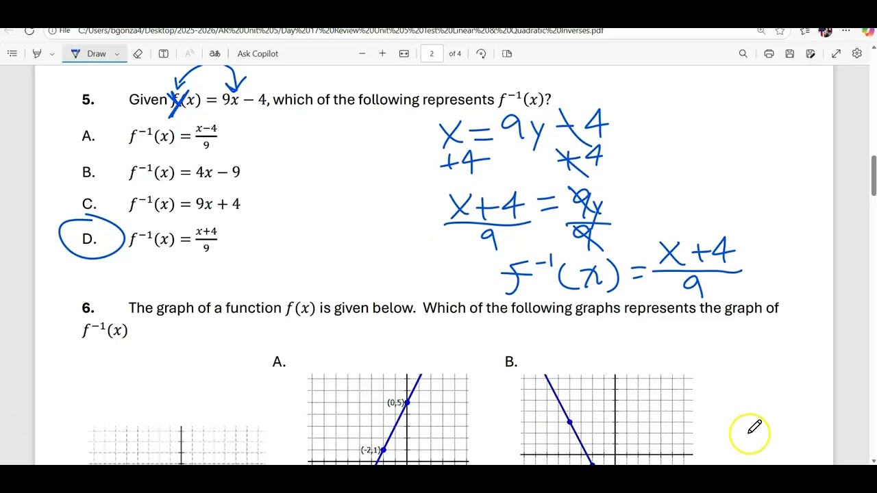 2/3/26 AR Review Unit 5 Test Linear & Quadratic Inverses #mrglee