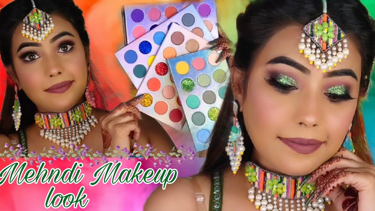 Mehndi Makeup Look for brides 👰  Full HD makeup 🌸glittery eyes using color board palette