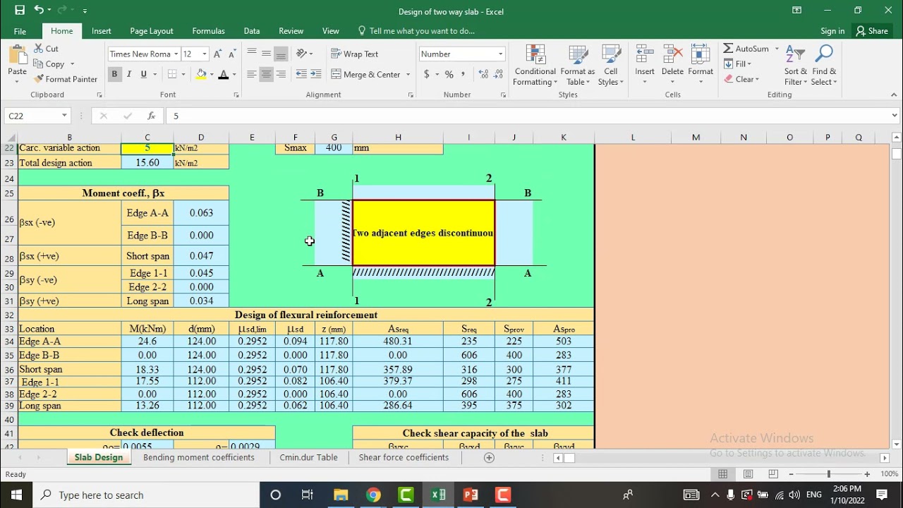 Design of two-way slab using Excel spreadsheet