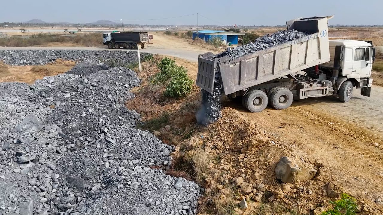 Stay Tuned! Action Filling Stone Process Flooded Areas Utilize Bulldozer Push Stone, Dump Truck