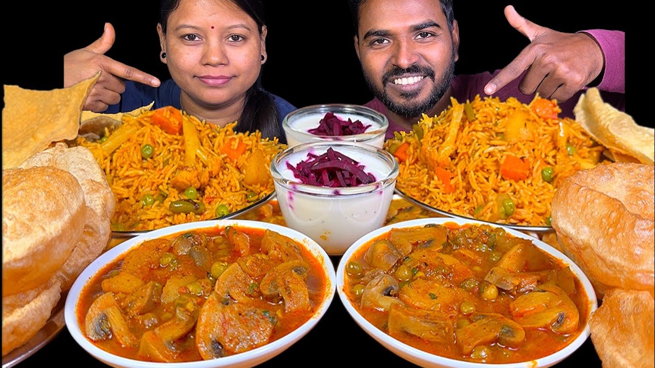 Veg Biryani Luchi/Puri Mushroom Aloo Matar Ki Sabji & Raita Eating Show