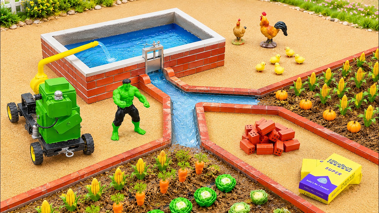 DIY Mini Tractor Builds a Brick Water Tank for Watering Plants | Science Project