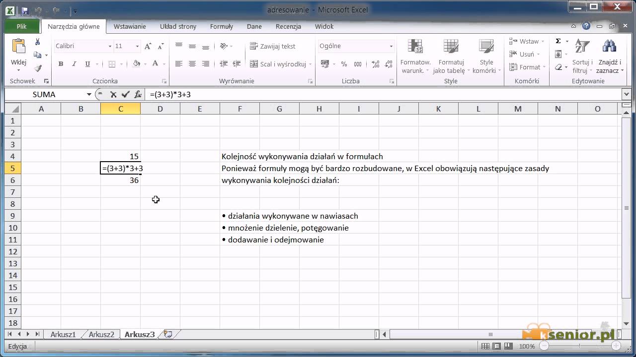 11. Microsoft Excel 2007/2010 - kolejność wykonywania działań w formułach