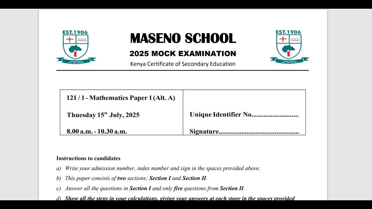 MASENO SCHOOL, MATHEMATICS PAPER 1 SECTION 2 2025 MOCK EXAMINATION
