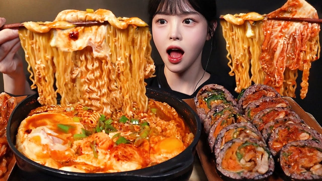 SUB)맵칼한 순두부 열라면에 삼겹살김밥 먹방!🔥 김장김치까지 집밥 한식 꿀조합 리얼사운드 Ramyeon & Kimbap Mukbang Asmr
