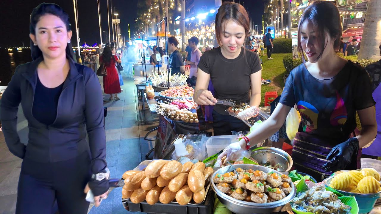 Best inside! CAMBODIAN Street Food Tour 2025 - Walking in Riverside Night Market, Phnom Penh