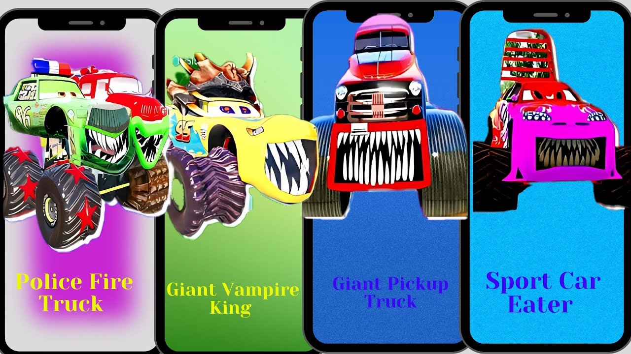 Police Fire Truck vs Giant Vampire King vs Giant Pickup Truck vs Sport Car Eater Tileshop edm rush