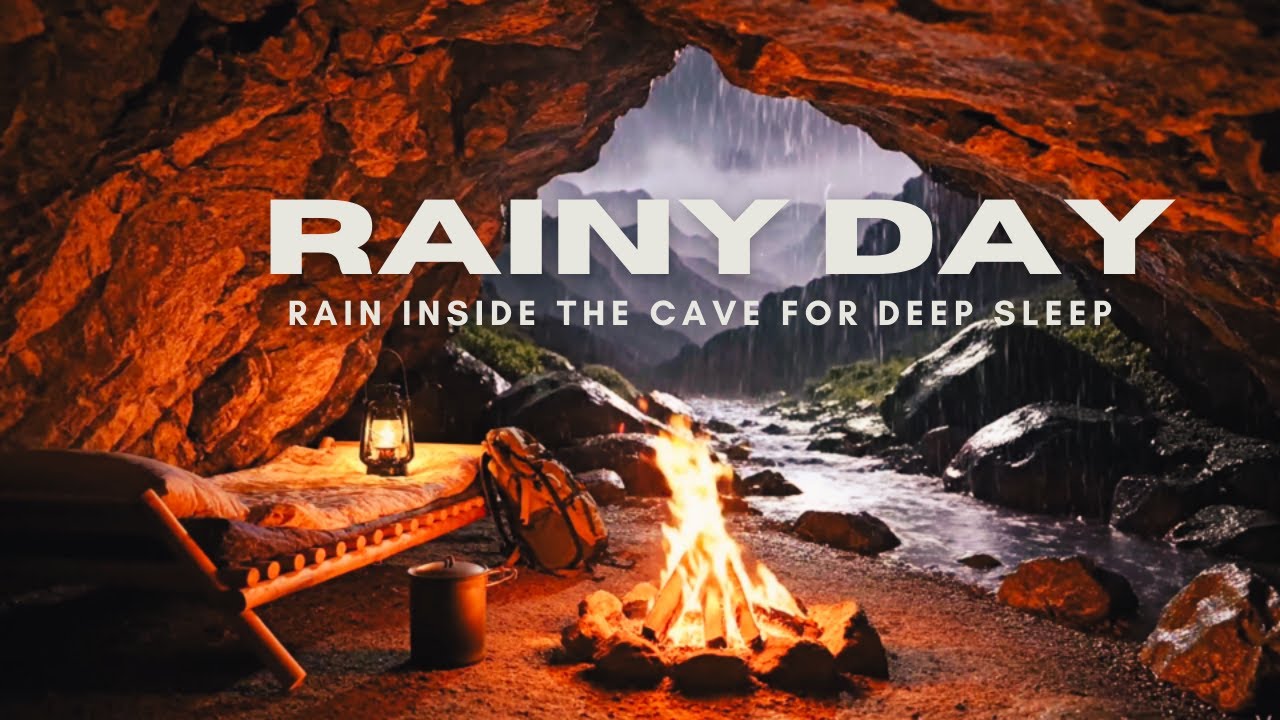 Cozy Cave Shelter in Heavy Rain– Drift to Sleep Fast with Soothing Rainfall & Crackling Fire Sounds