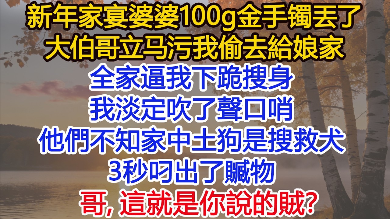新年家宴婆婆100g金手镯丟了，大伯哥立马污我偷去給娘家，全家逼我下跪搜身，我淡定吹了聲口哨，他們不知家中土狗是搜救犬，3秒叼出了贓物，哥，這就是你說的賊？#為人處世#情感#情感故事