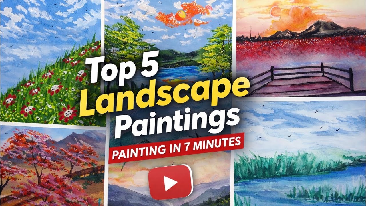 Top 5 Beautiful Landscape Paintings in 7 Minutes | Easy & Aesthetic Painting Ideas