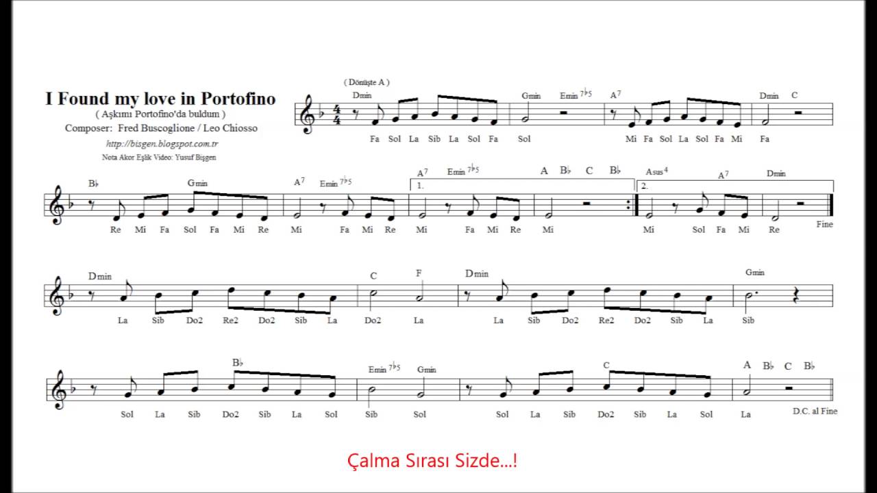 Nota Akor Eşlik - Portofino  (Re)  Melodika&Blok Fl&uuml;t