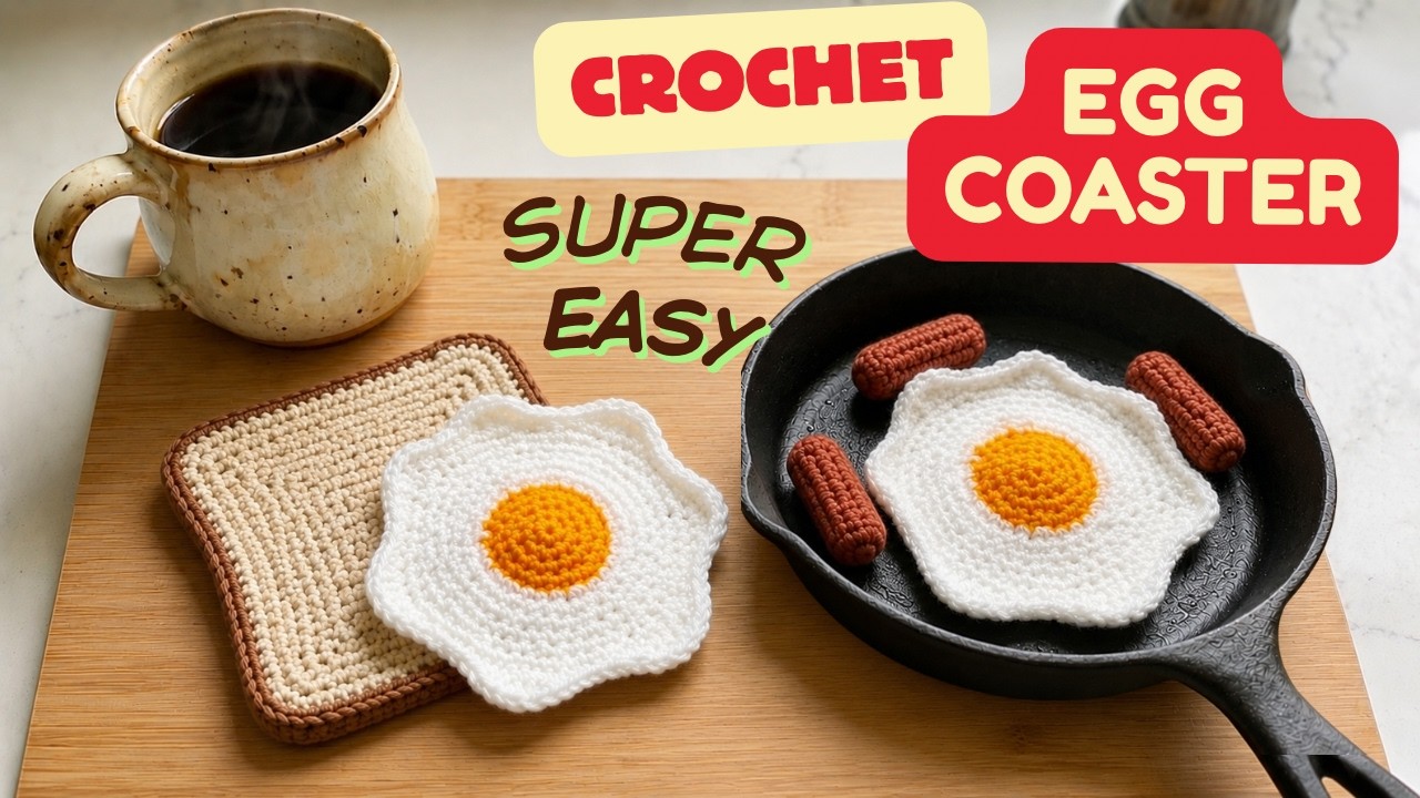 How to CROCHET a Fried Egg Coaster / Motif🍳 Tutorial for Beginners