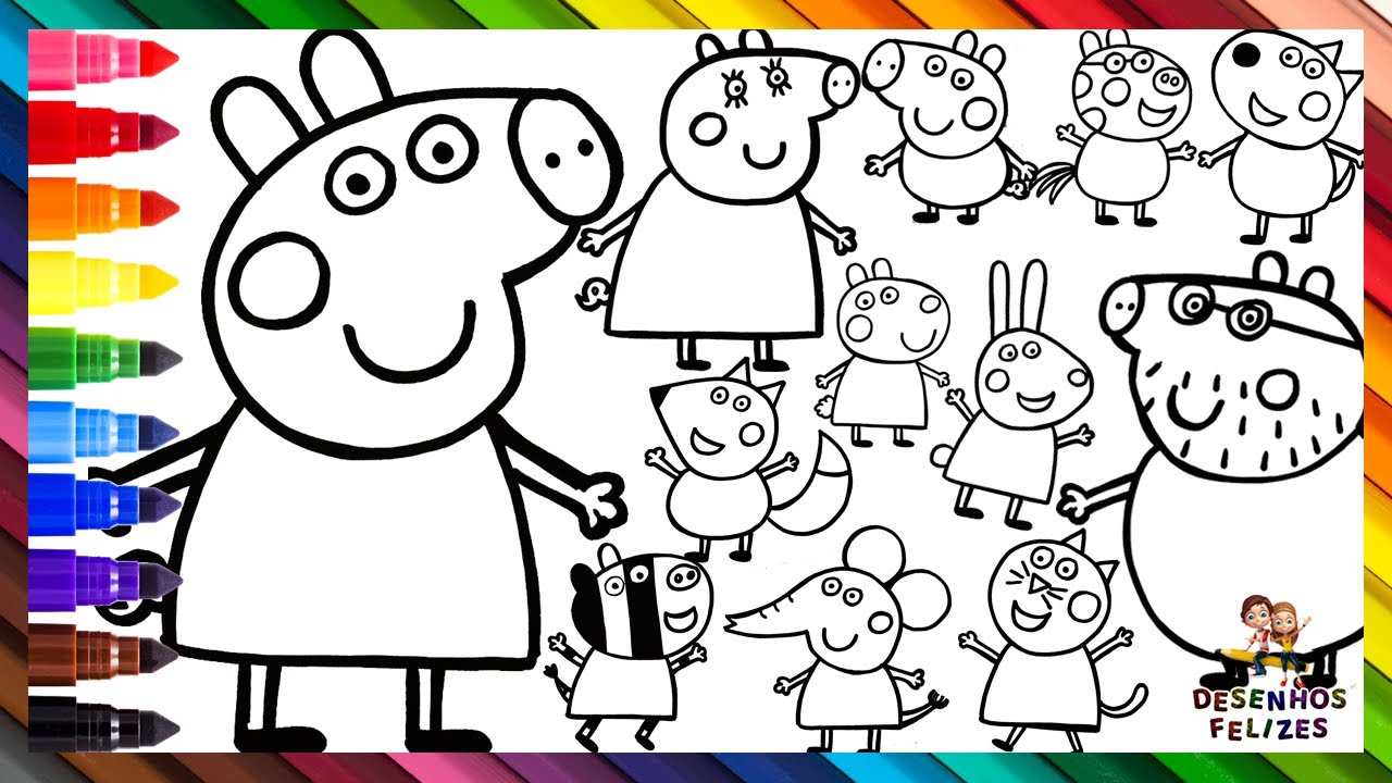Desenhar e Colorir Peppa Pig, Sua Família e Amigos 🐷🐱🐑🐰🐶🐴🦓🦊🐘 Desenhos Para Crianças