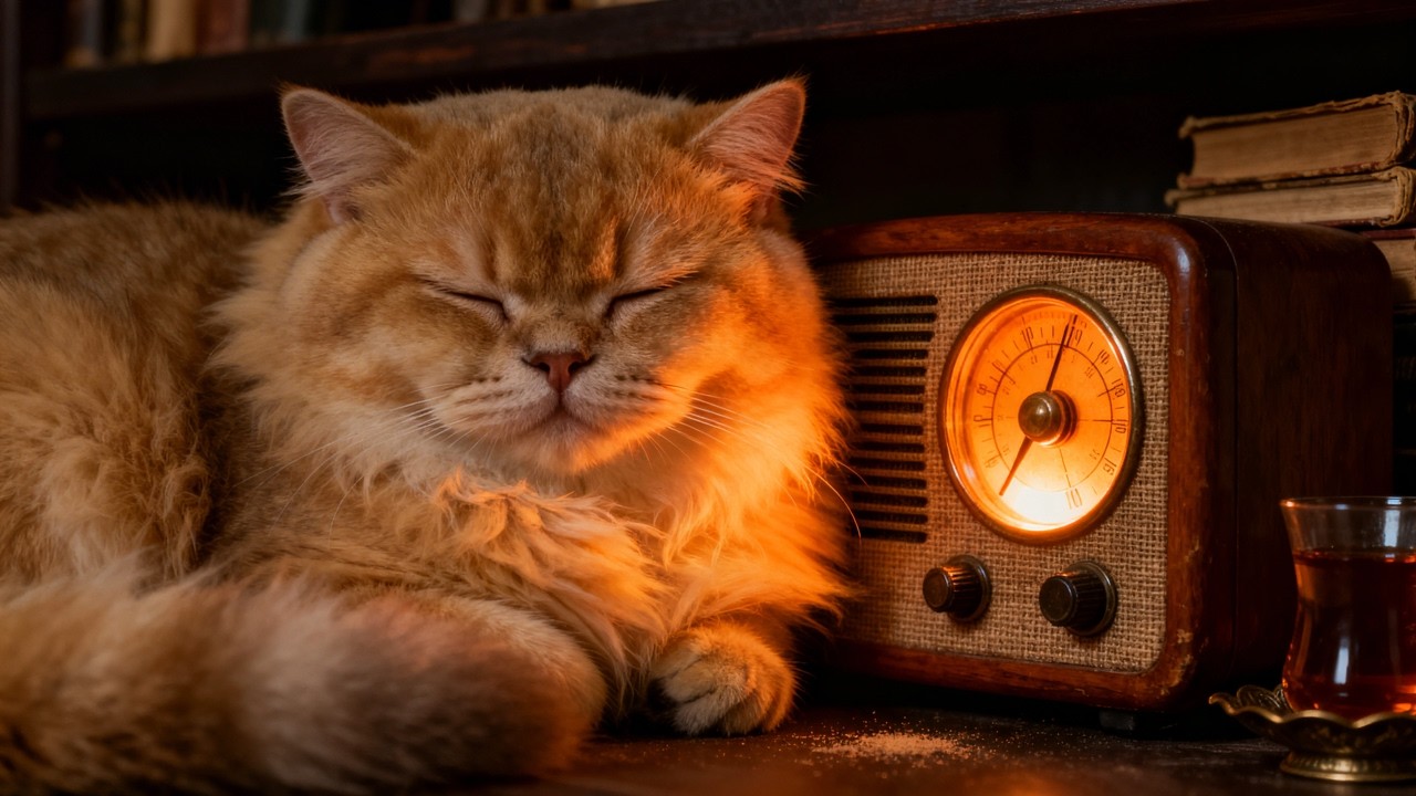 📻 Vintage Radio Hum & Sleepy Cat Purring 😴 White Noise for Anxiety Relief & Inner Peace