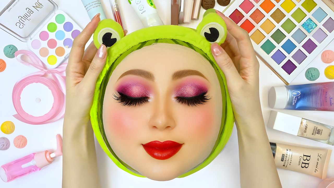 ASMR Skincare and Makeup on Watermelon🍉 (No talking)