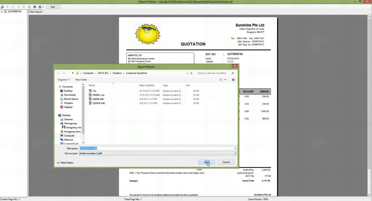 Realtimme Cloud: Print Quotation to PDF format