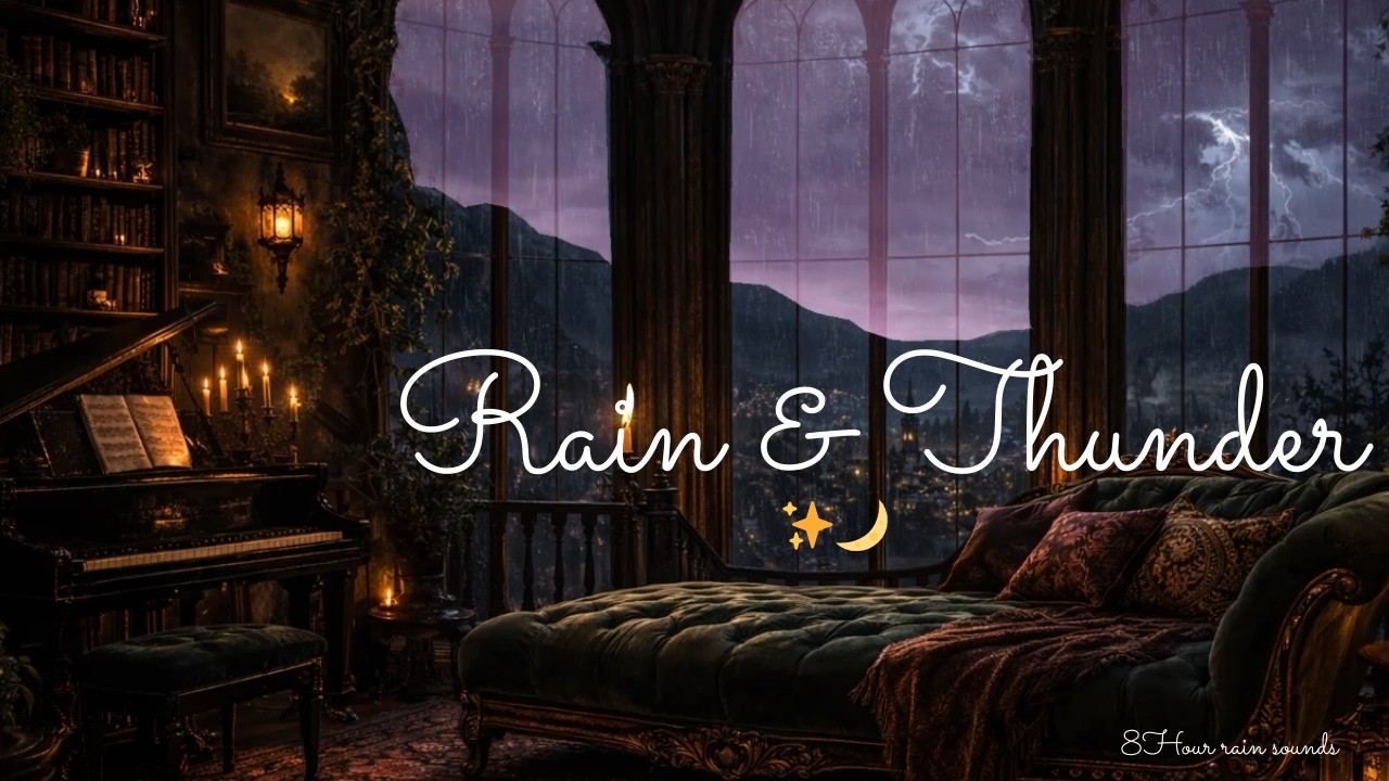 ⛈️⚡Dark Victorian Lounge With Piano / Deep Relaxation / Rain Sleep Ambience ⚡⛈️