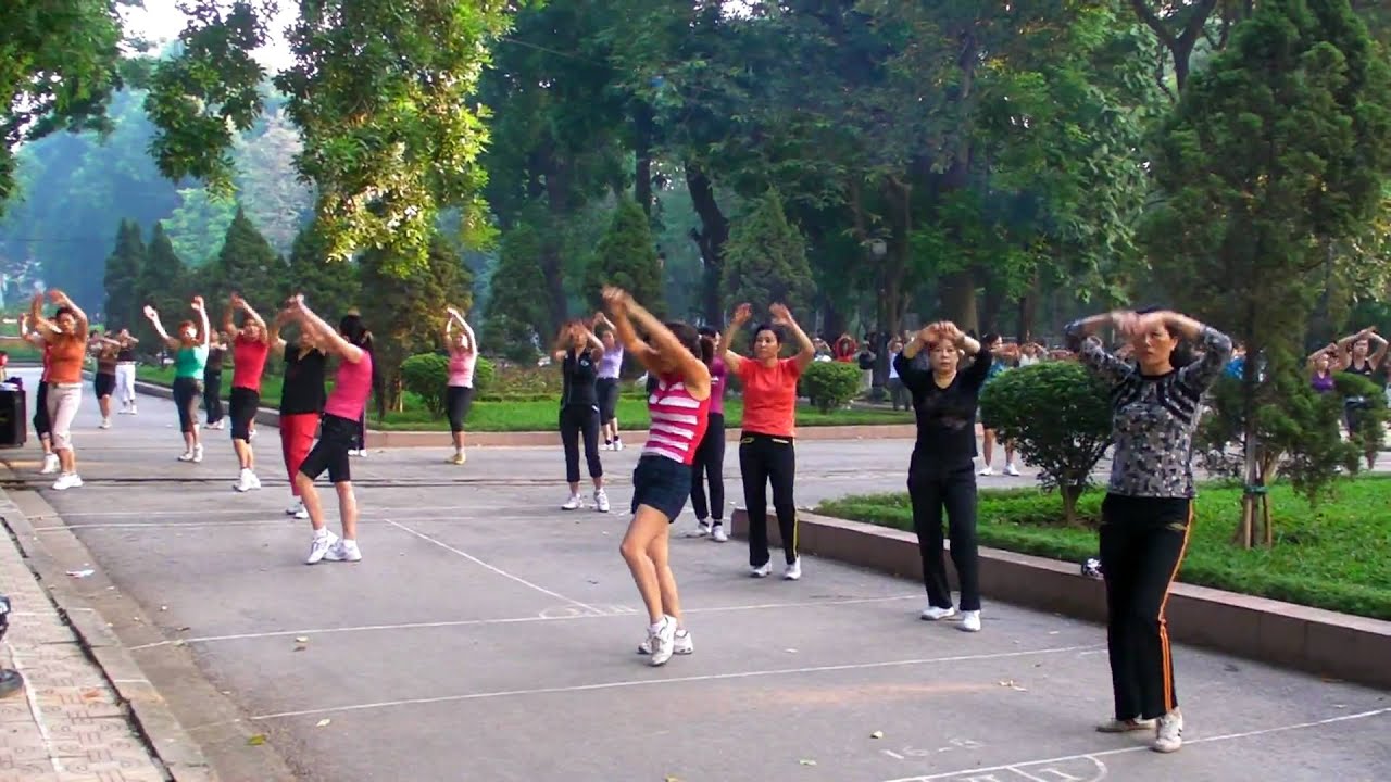 Group exercise at Tong Nhat Park in Hanoi, Vietnam