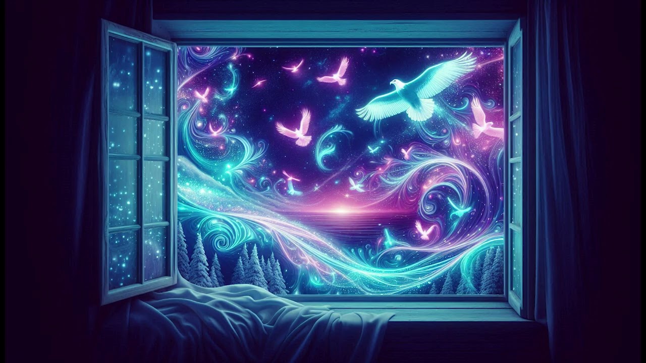 Water Flowing and Nature Sounds with a Magical Window Looking at Birds and the Ocean Wallpaper