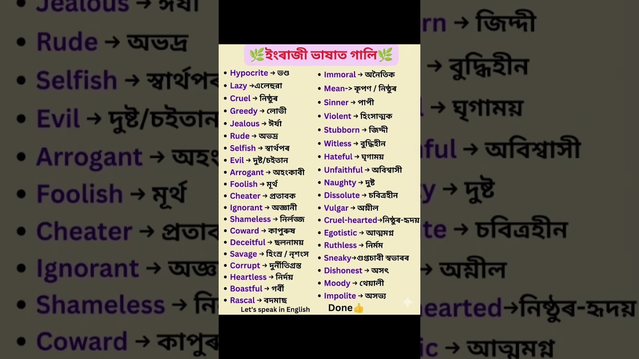 ইংৰাজী ভাষাত গালি||let's speak in english//Assamese to english translation//vocabulary in Assamese