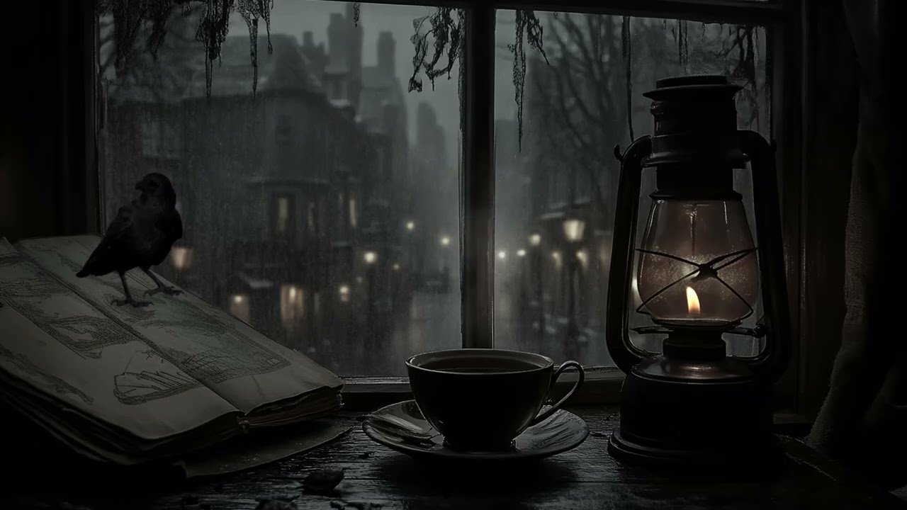 Whispering Academia – Rainy Old Town Window with Lantern & Crow | Dark Academia Piano Ambience