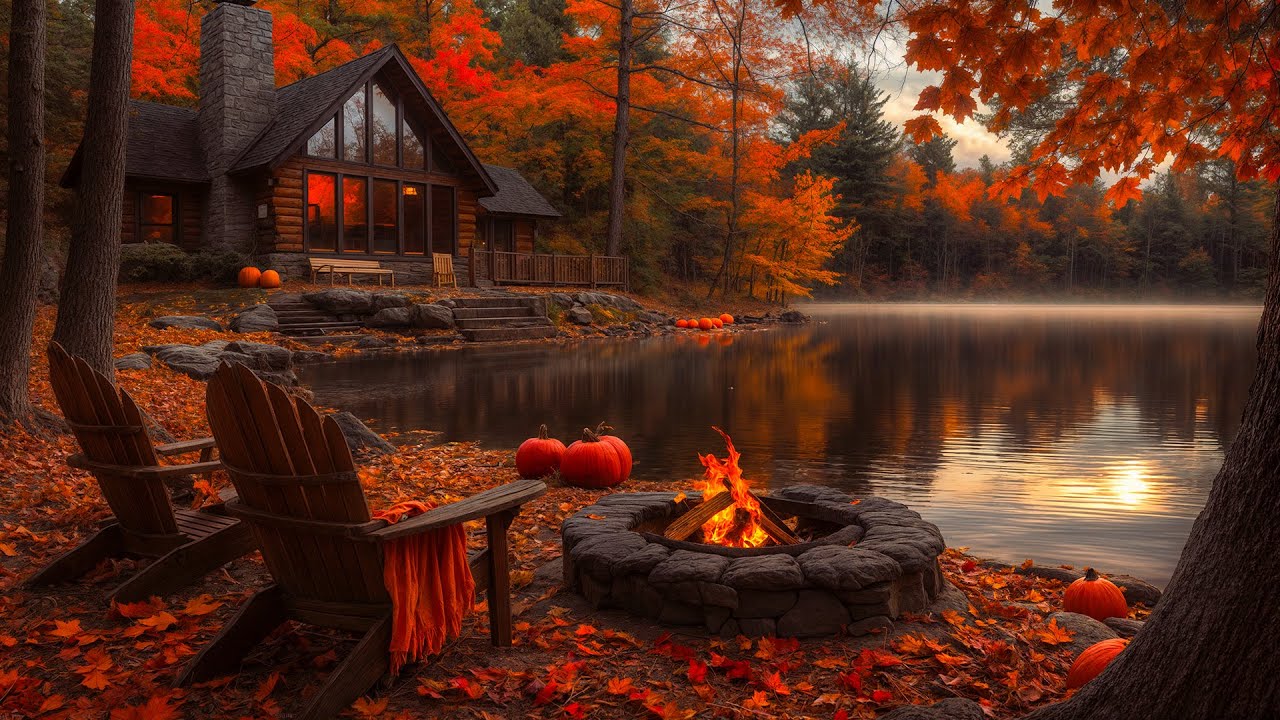 Peaceful Fall Ambience Lakeside 🍂🔥Crackling Fire Pit & Water Sounds | Autumn Forest Sounds for Sleep