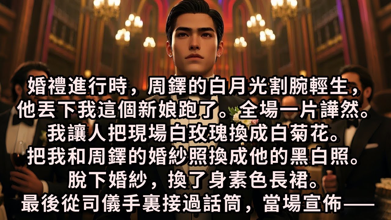 婚禮進行時，周鐸的白月光割腕輕生，他丟下我這個新娘跑了。全場一片譁然。我讓人把現場白玫瑰換成白菊花。把我和周鐸的婚紗照換成他的黑白照。脫下婚紗，換了身素色長裙。最後從司儀手裏接過話筒，當場宣佈——