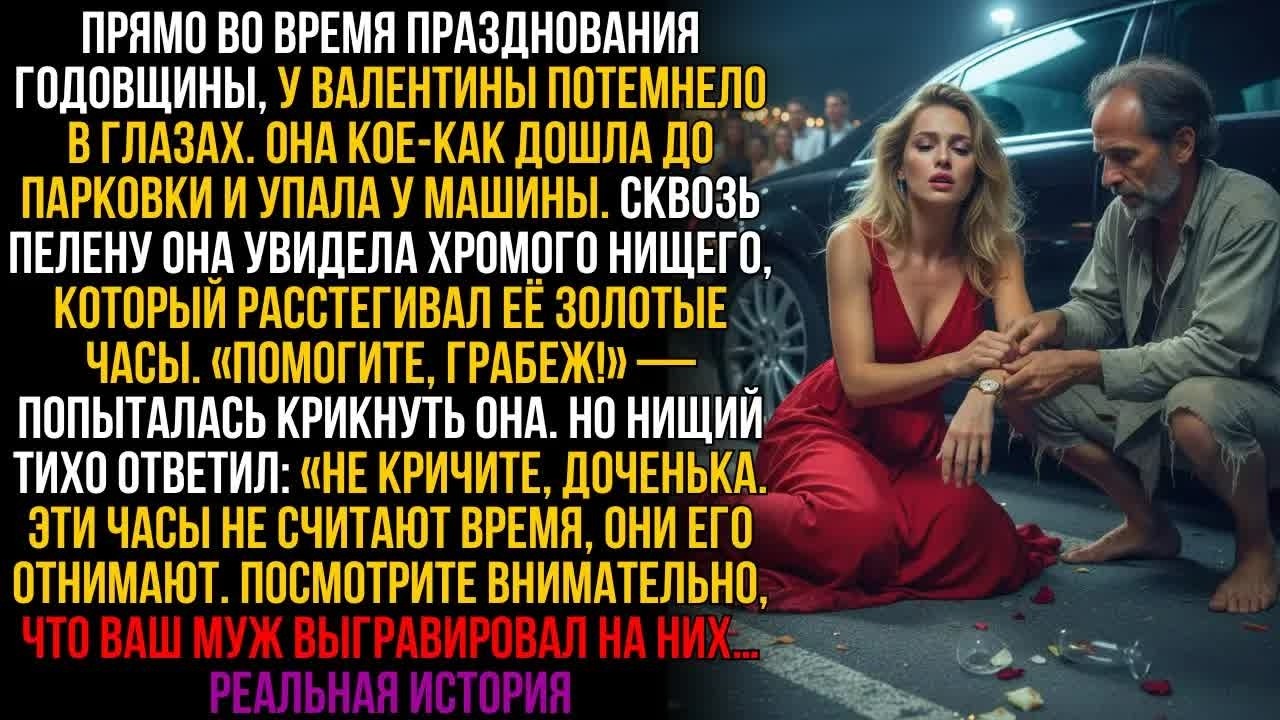 На юбилее Валентине резко стало плохо. Нищий снимал её часы： ＂Ваш муж выгравировал здесь нечто...＂!